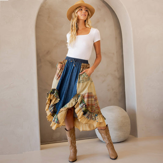 Western Boho Chic: Patchwork Midi Skirt