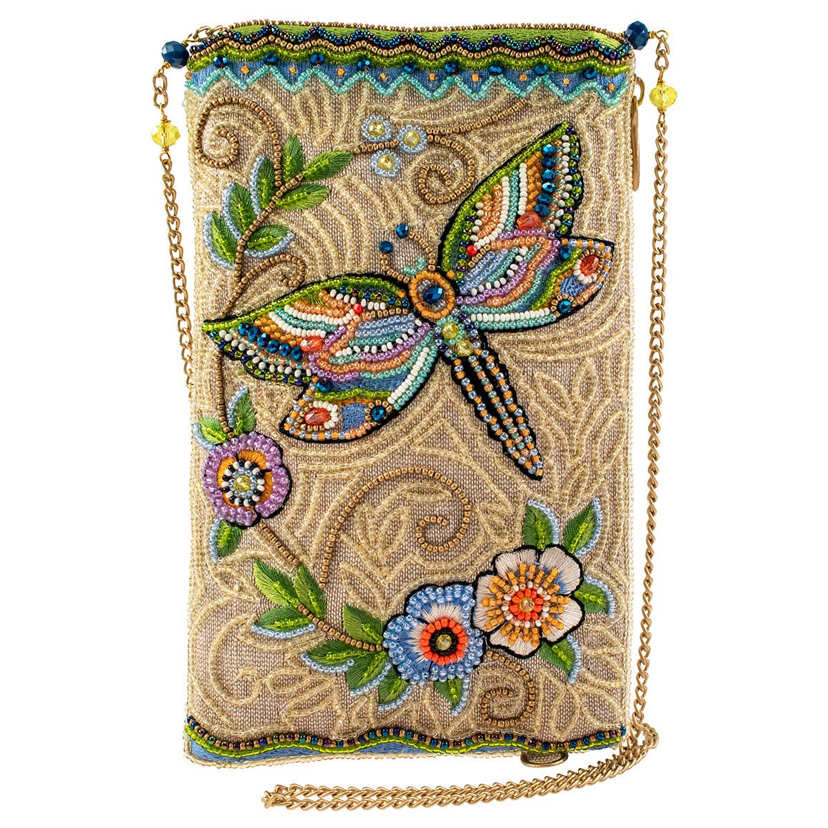 Soaring Spirit Beaded Dragonfly and Floral Crossbody Bag