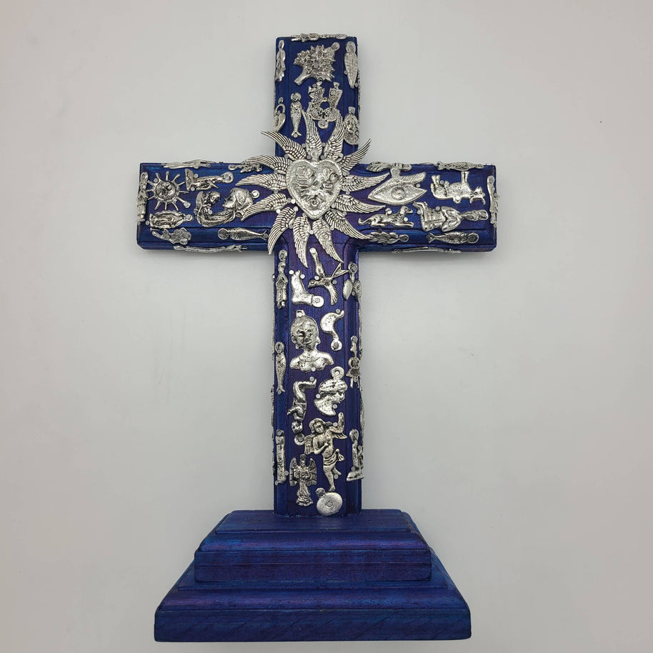 Wood Milagros Cross on Stand