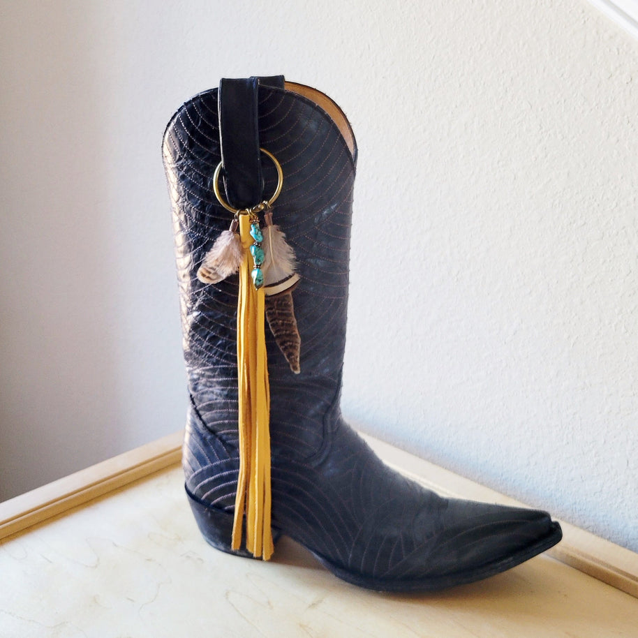 Boho Western Boot Bling Charm with Leather Fringe 500c