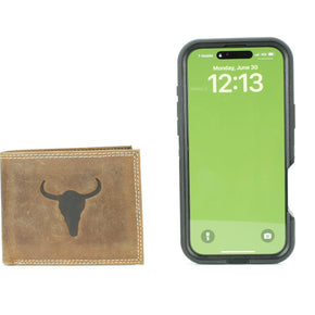 Men’s Bi-Fold Wallet with Bison Skull, Tan