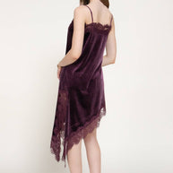 Straight Neck Lace Trim Asymmetrical Velvet Mini Dress