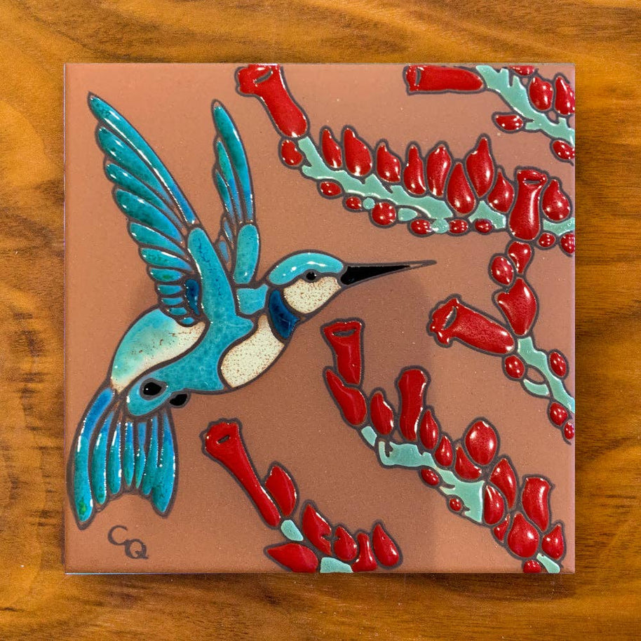 Hummingbird with Ocotillo Hand Glazed Art Tile Trivet