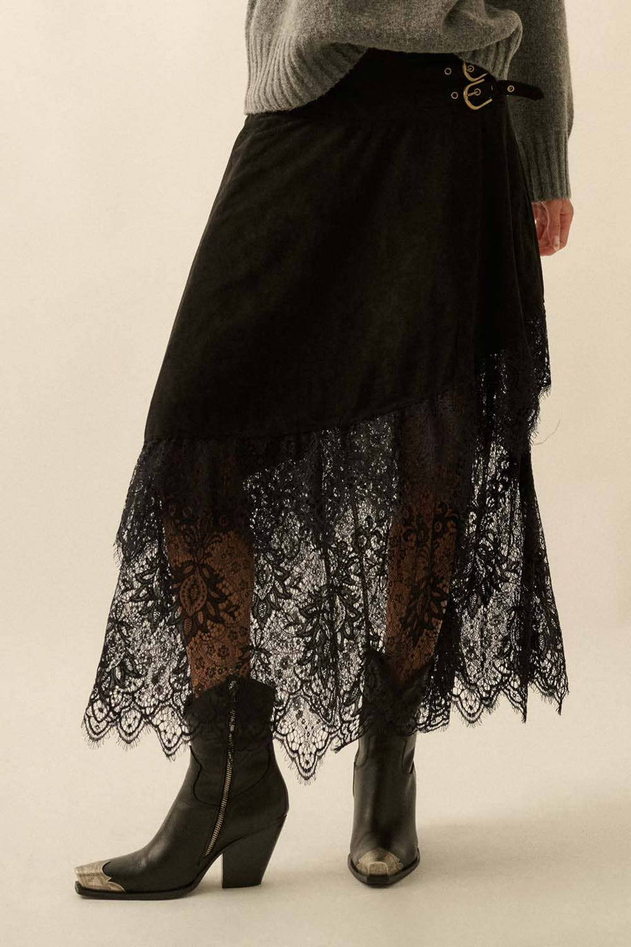 Faux Suede & Lace Buckle Skirt