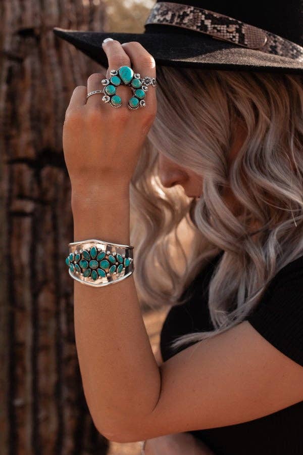 Turquoise & Silver Squash Blossom Adjustable Ring