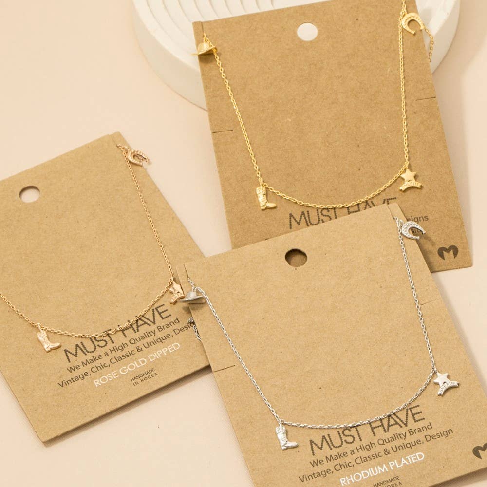 Gold Dipped Cowboy Theme Charms Chain Necklace