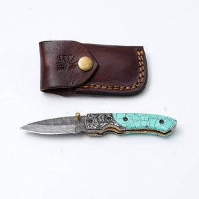 Turquoise Damascus Folding Knife – Hand Engraved Bolster Edition