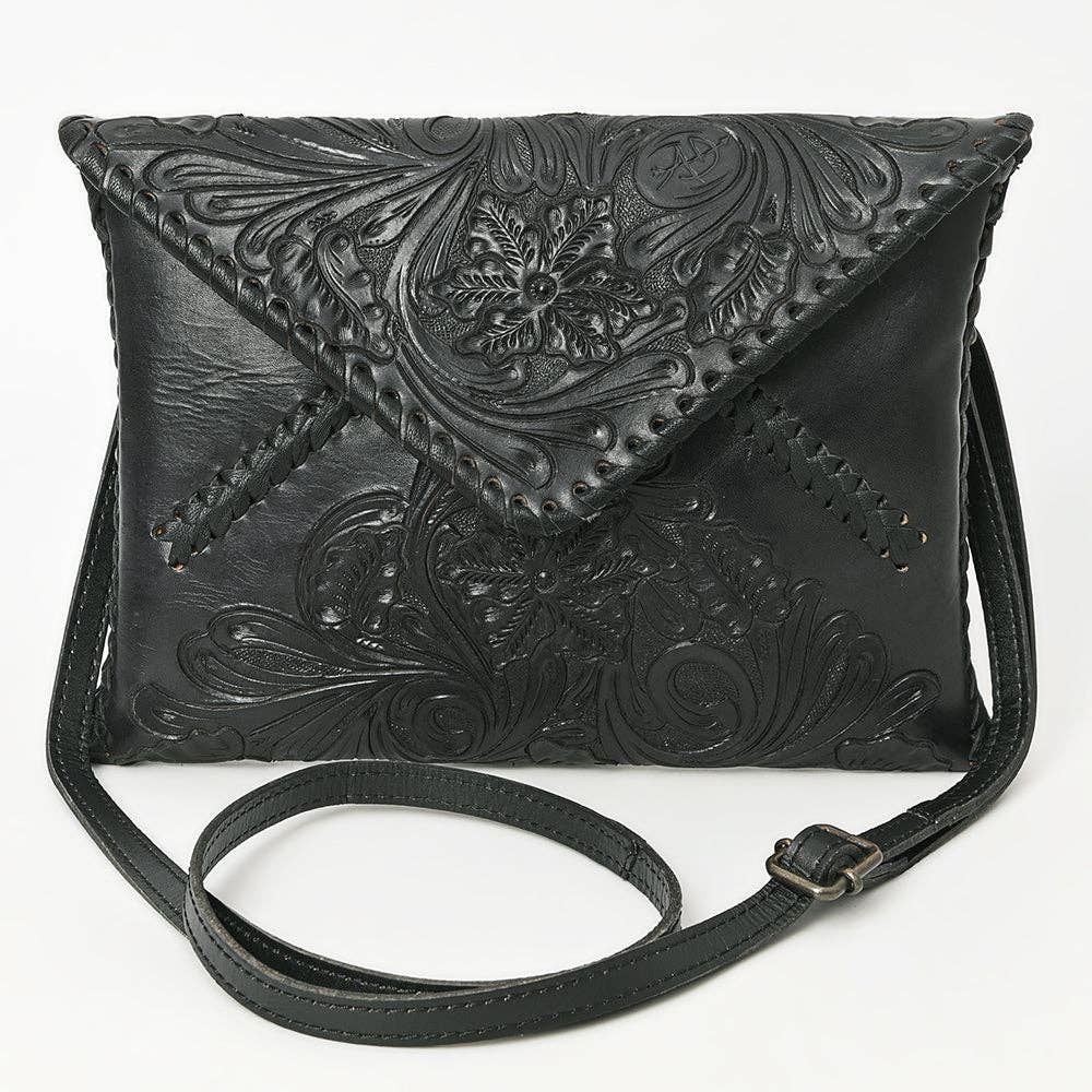 Hand-Tooled Floral Leather Envelope Purse, Multiple Colors