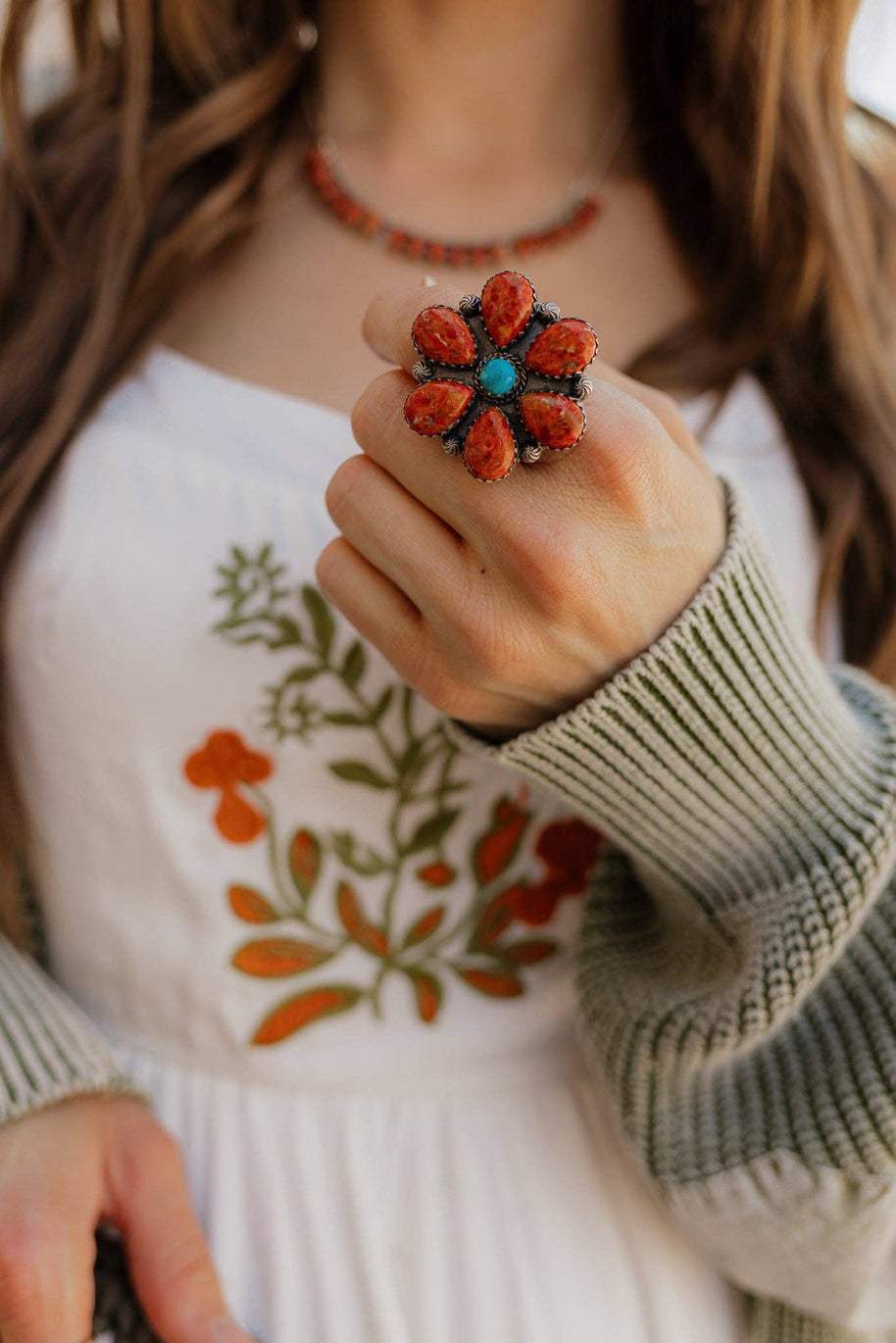 Orange Spiny Oyster Sterling Blossom Ring