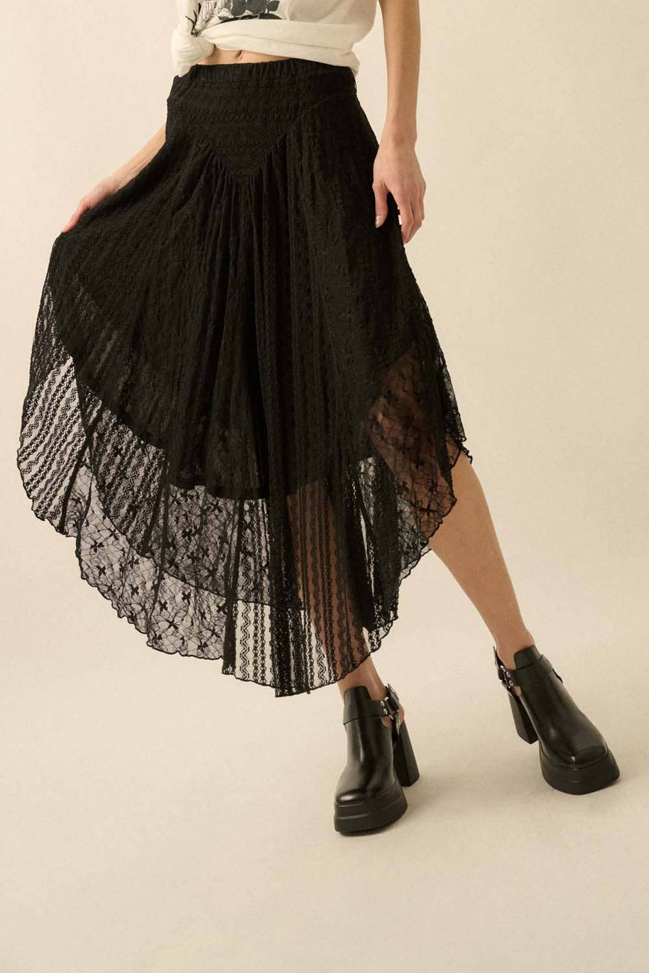 Lace Curved-Hem Midi Skirt, Black