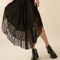 Lace Curved-Hem Midi Skirt, Black