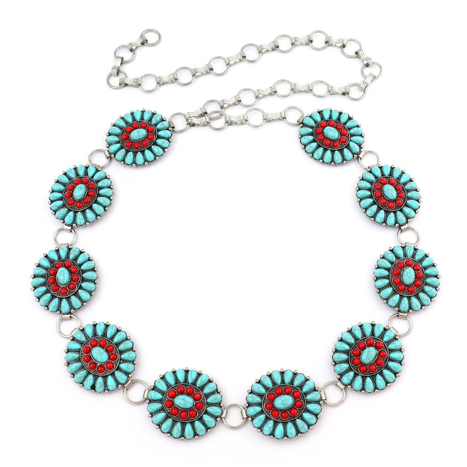 Antique Silver Belt with Turquoise & Red Conchos