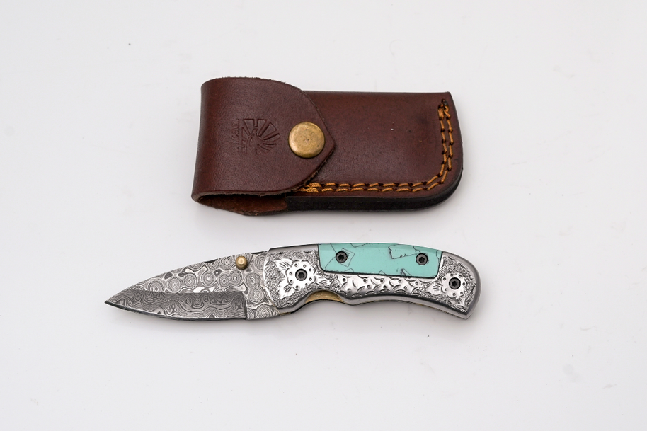 Damascus Folding Knife Turquoise Handle Engraved Bolster