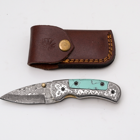 Damascus Folding Knife Turquoise Handle Engraved Bolster