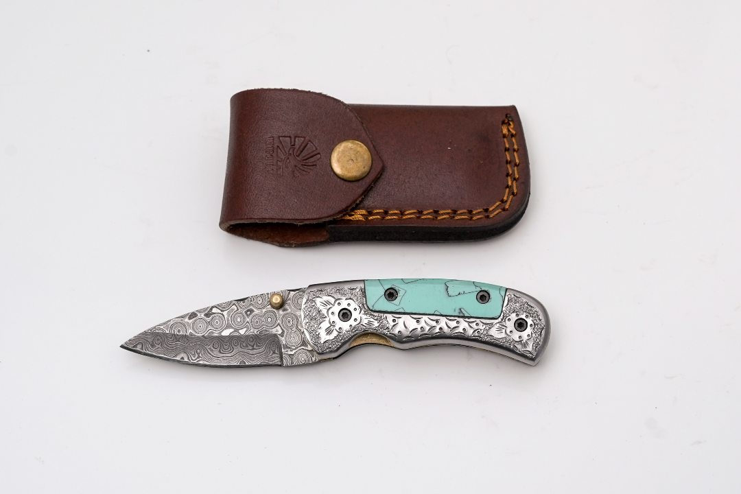Damascus Folding Knife Turquoise Handle Engraved Bolster