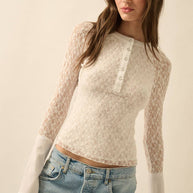Lace Raglan-Sleeve Henley Top, White