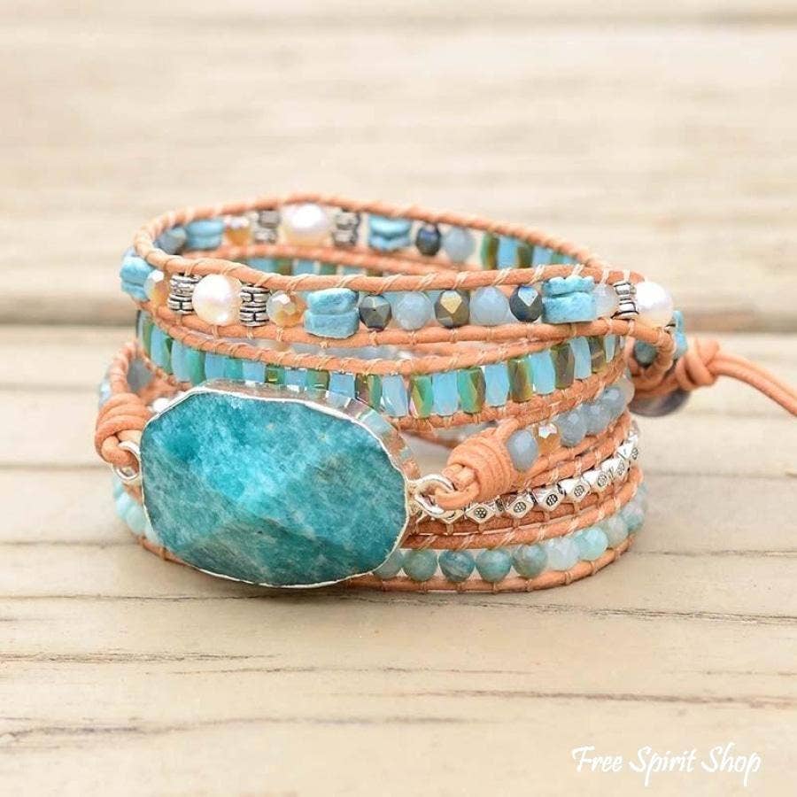 Natural Calming Amazonite Bead Wrap Bracelet, Boho Jewelry