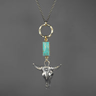 Antiqued Brass Bull w/ Turquoise Necklace