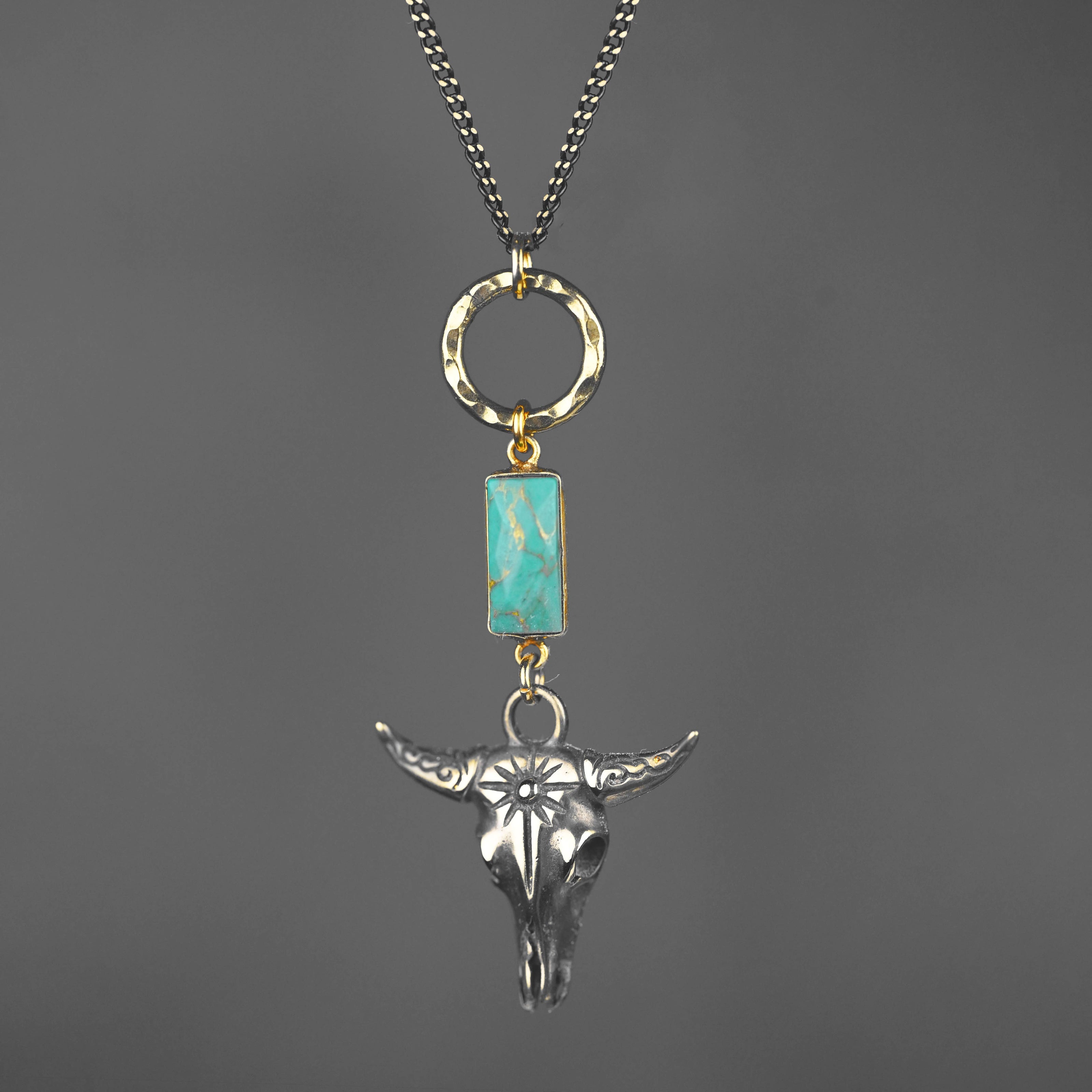Antiqued Brass Bull w/ Turquoise Necklace
