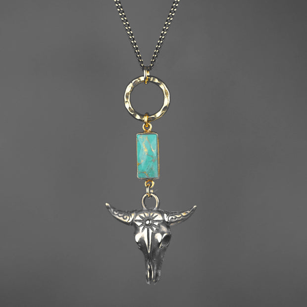 Antiqued Brass Bull w/ Turquoise Necklace