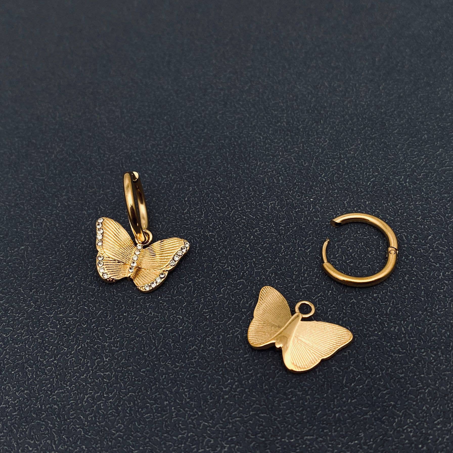 Inlaid CZ Butterfly Charm 18K GP Huggie Earrings