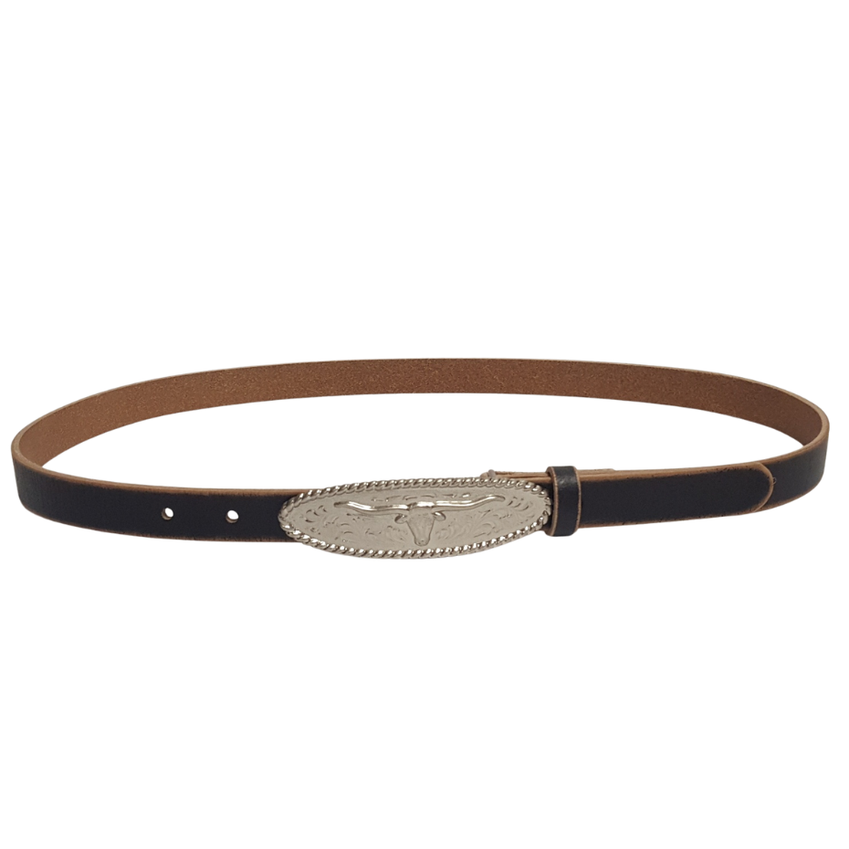 Vintage Skinny Black Leather Belt w. Long horn Buckle