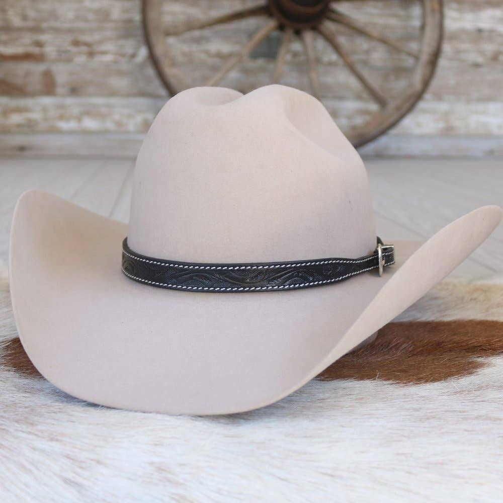 Black Tooled Leather Buckle Hat Band