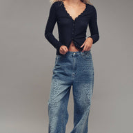 Lace Trim Button-Front Ribbed Knit Top