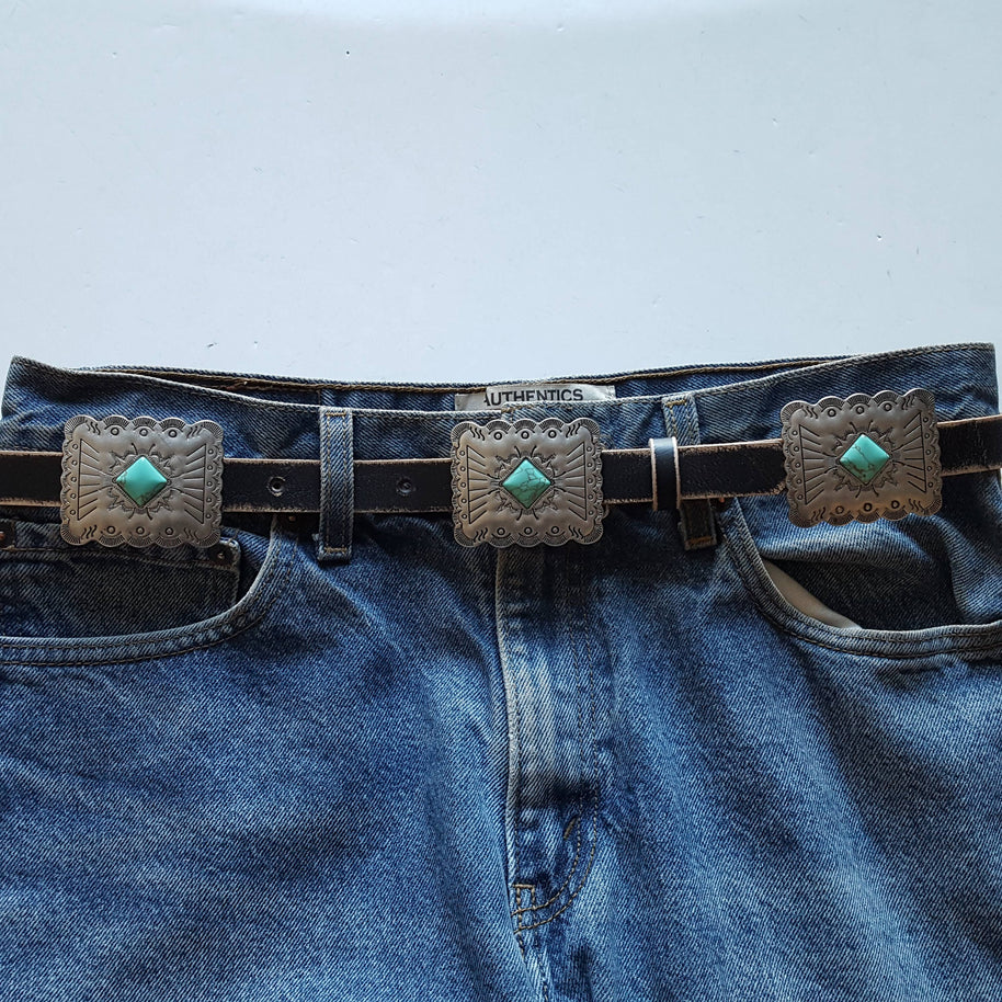Distressed Leather Belt with Rectangle Conchos