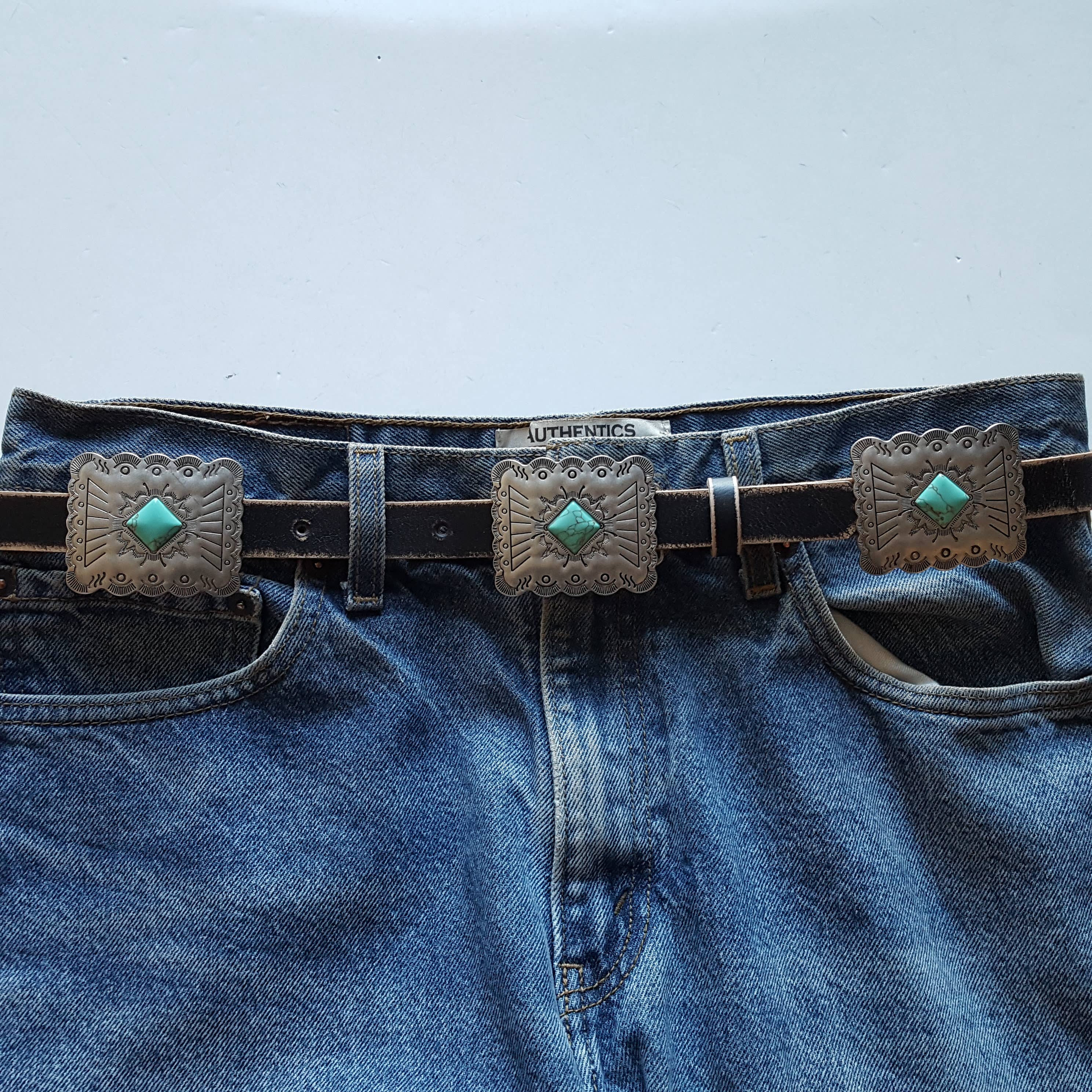 Distressed Leather Belt with Rectangle Conchos