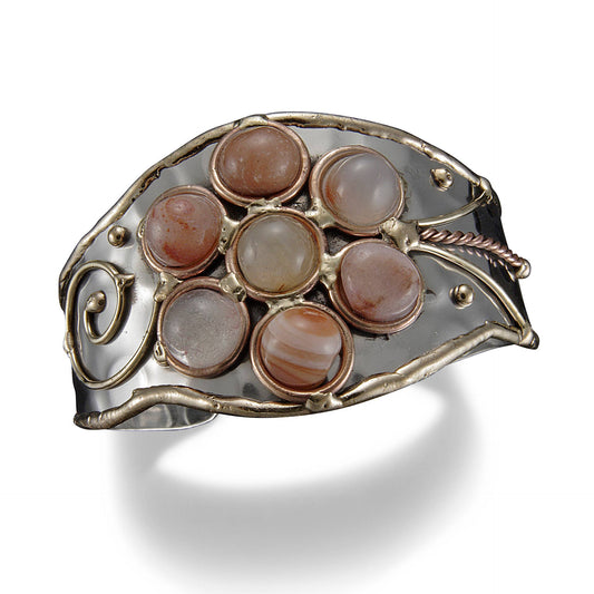 Mixed Metal Cuff Bracelet - Agate Flower