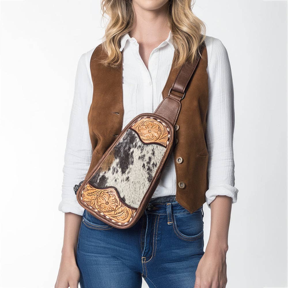 American Darling Hair-On Cowhide Western Leather Sling Bag - Hand-Tooled