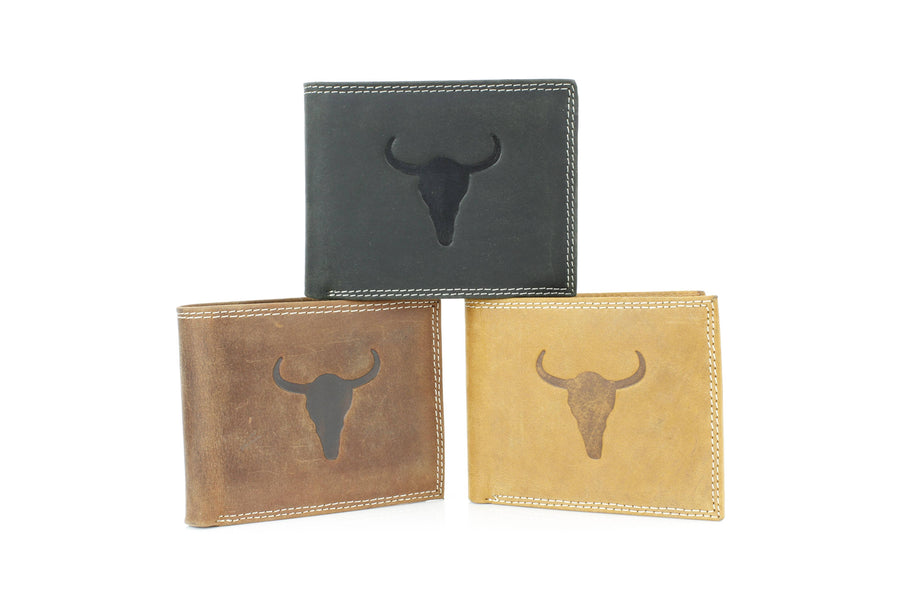 Men’s Bi-Fold Wallet with Bison Skull, Tan