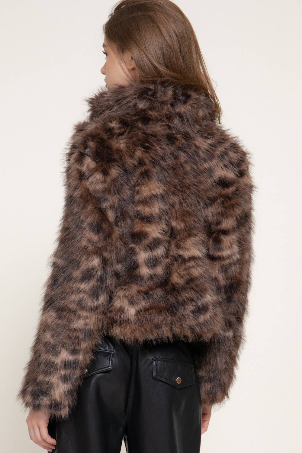 Long Sleeve Notched Collar Printed Faux Fur Jacket