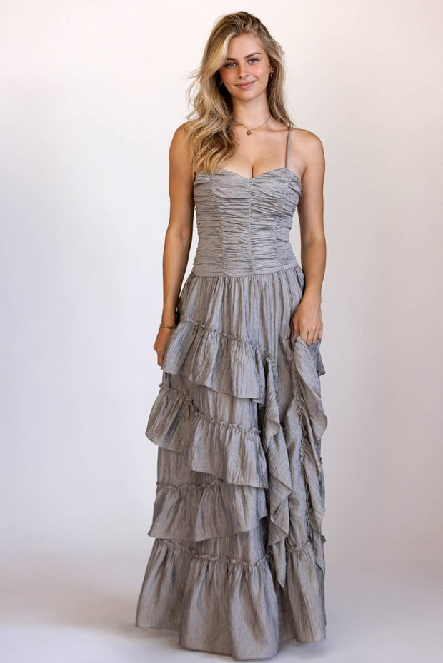 Silver Crinkle Maxi Dress