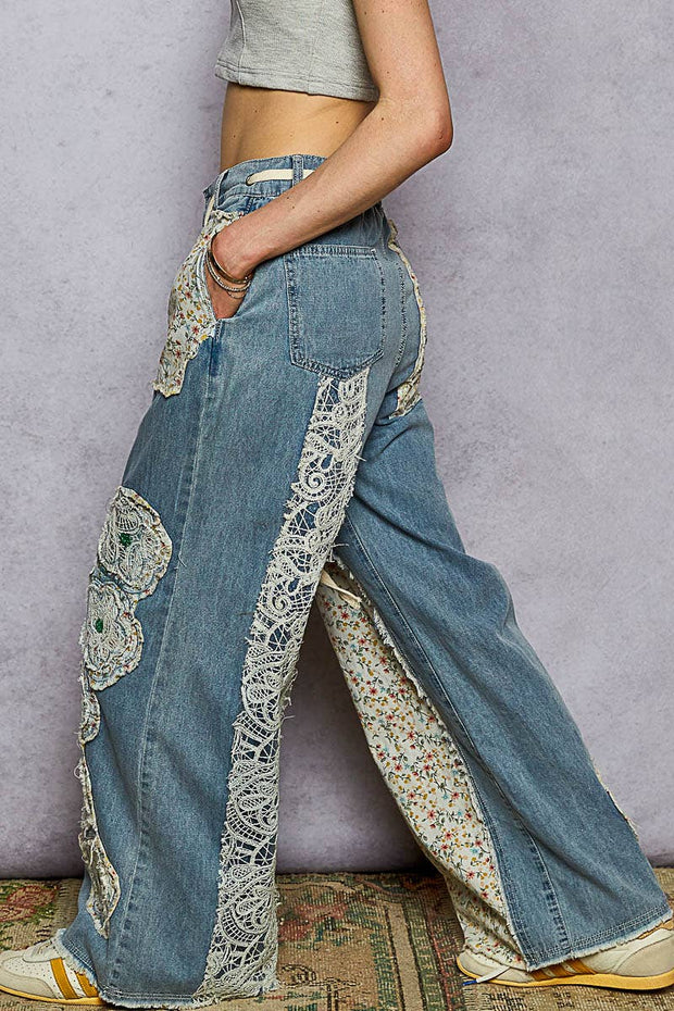 Drawstring Floral Patch Jeans