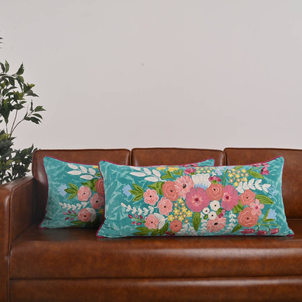 Floral Spring Turquoise Velvet Pillow 16X36