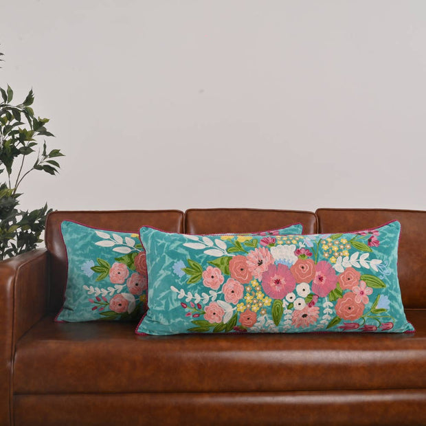 Floral Spring Turquoise Velvet Pillow 16X36"