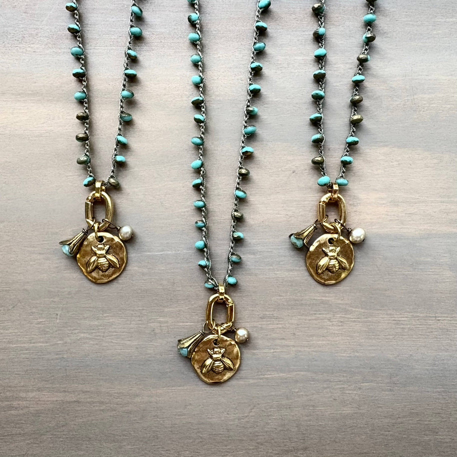 Honey Bee Charm Necklace With Freshwater Pearl and Flower Drop