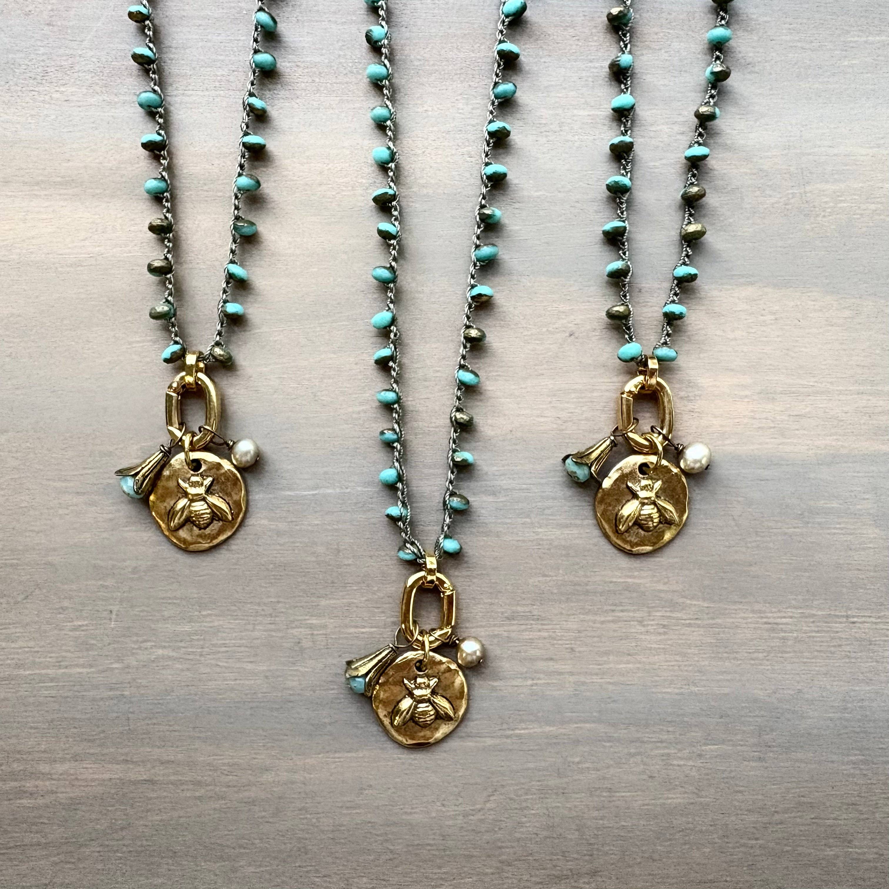 Honey Bee Charm Necklace With Freshwater Pearl and Flower Drop