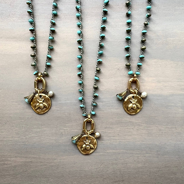 Honey Bee Charm Necklace With Freshwater Pearl and Flower Drop