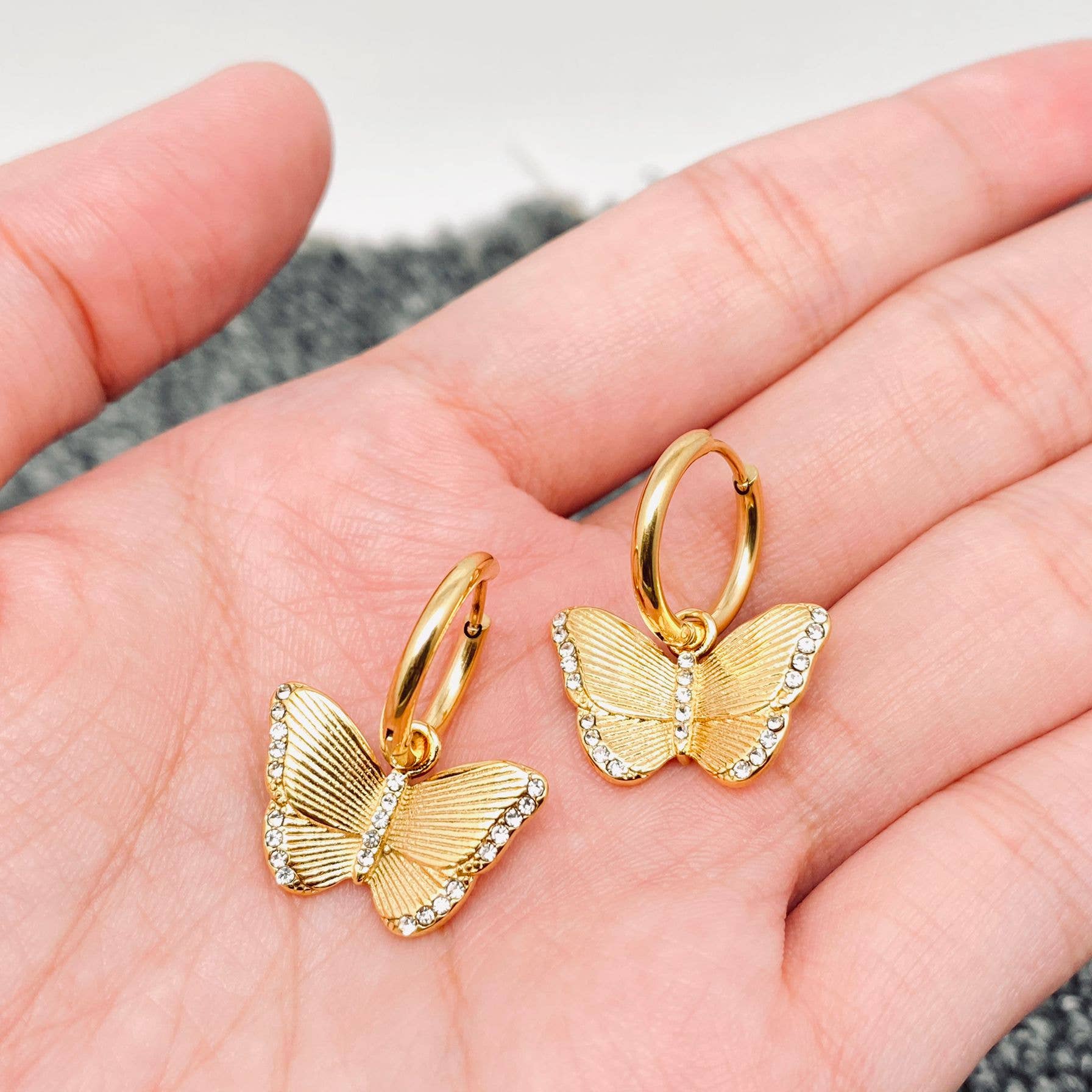 Inlaid CZ Butterfly Charm 18K GP Huggie Earrings