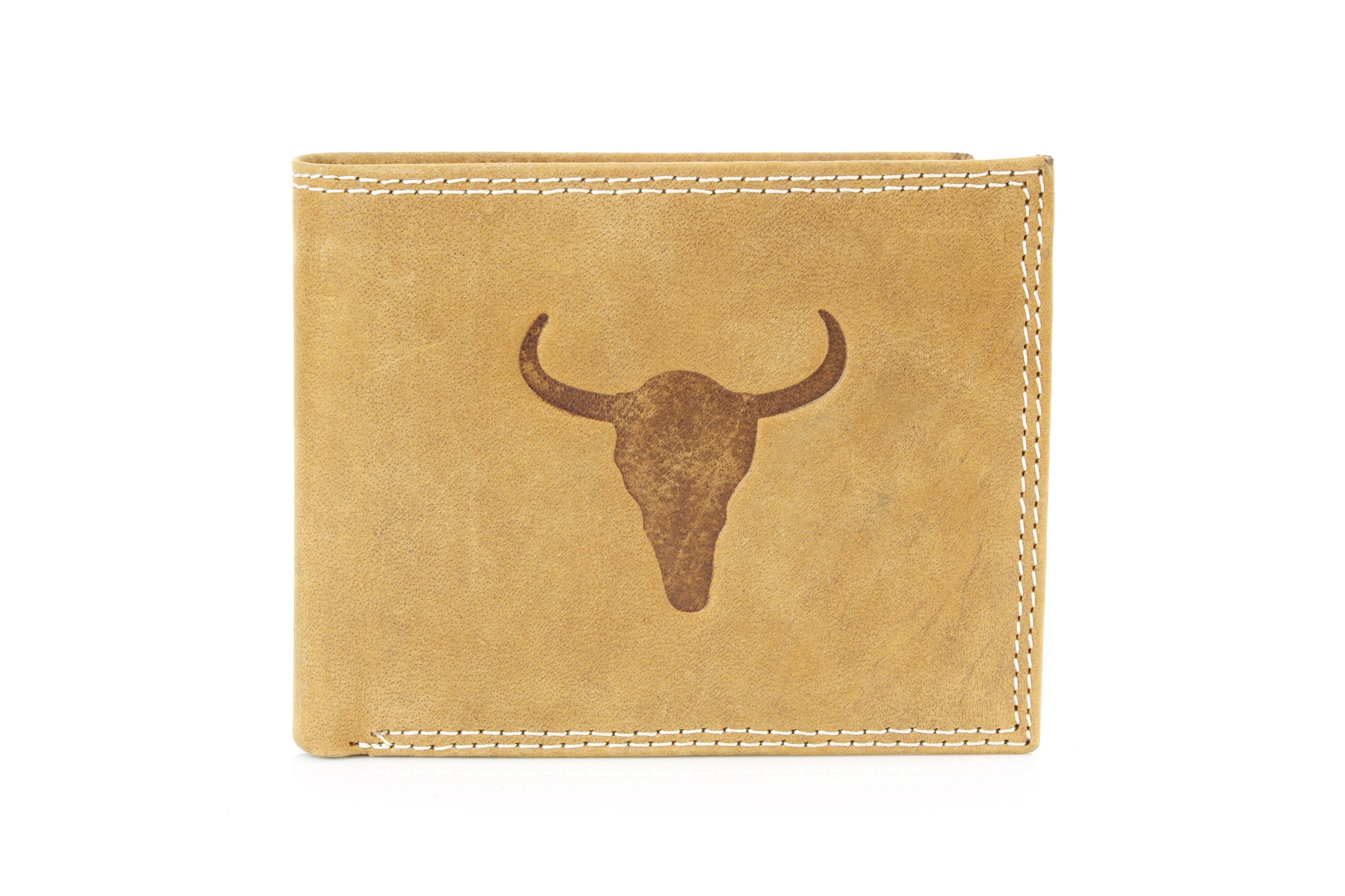 Men’s Bi-Fold Wallet with Bison Skull, Tan