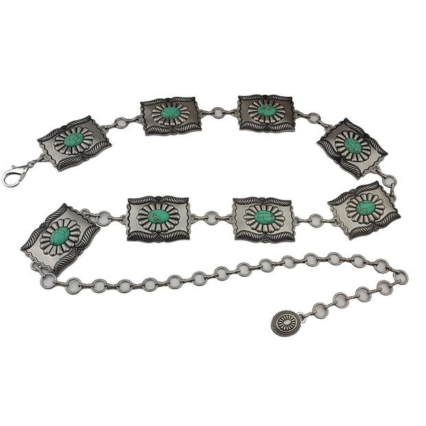 Western Turquoise Stone rectangular Concho Chain Belt