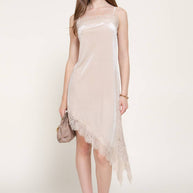 Straight Neck Lace Trim Asymmetrical Velvet Mini Dress