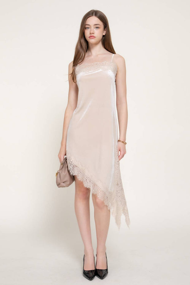 Velvet & Lace Asymmetrical Dress, Champagne