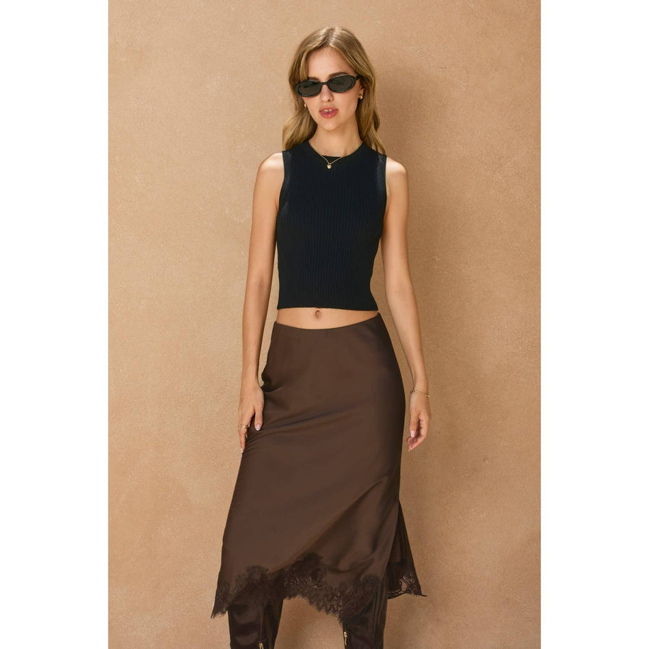 Satin Lace Hem Pencil Skirt, Chocolate