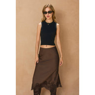 Satin Lace Hem Pencil Skirt, Chocolate