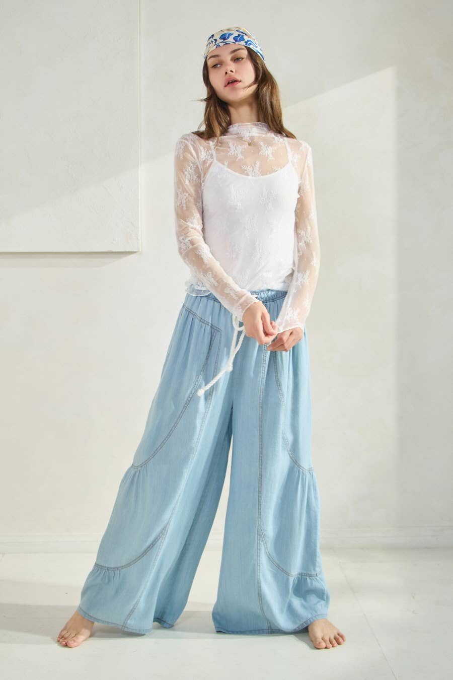 Chambray Denim Wide Palazzo Pants