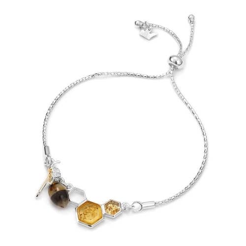 Bee On Honeycomb Multi Color Amber Link Silver Bracelet